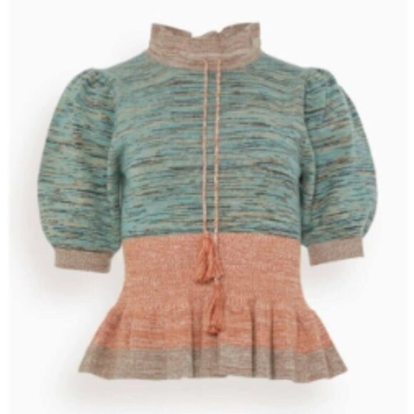 NWT ULLA JOHNSON Ava wool ruffle sweater pink grey block peplum SIZE PETITE bhmn - Picture 5 of 7